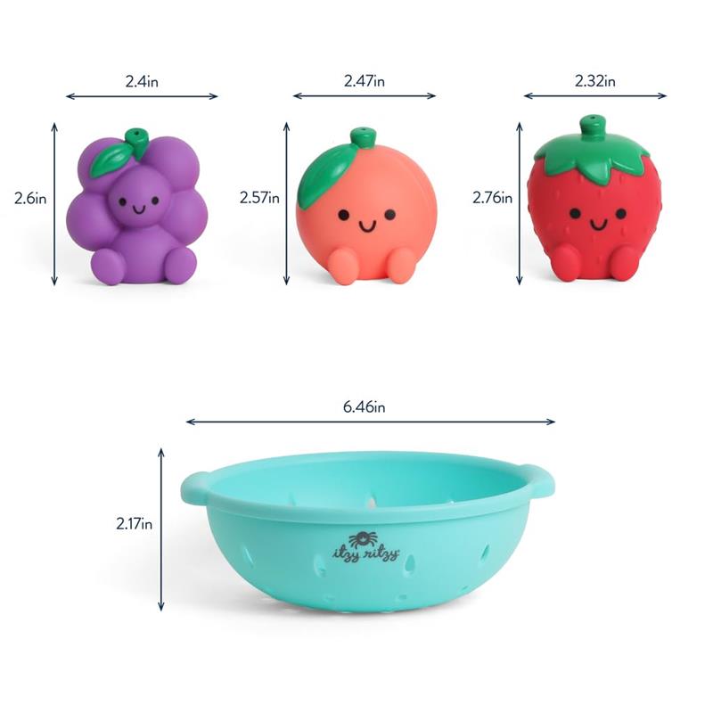 Colorful Itzy Splash Pals™ bath and water toy set, including grape, peach, and strawberry shapes, with a blue colander.