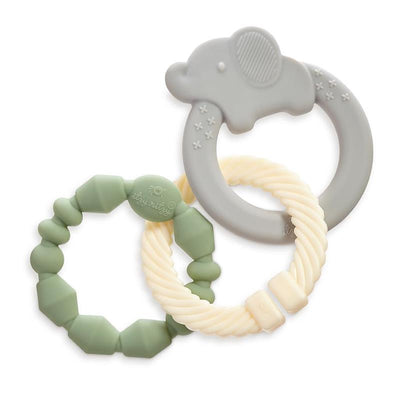 Linkable teething ring set featuring an elephant-shaped gray ring, green and cream textured rings. Ideal for infants.