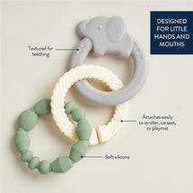Linkable teething ring set featuring a grey elephant-shaped ring, textured toys, and soft silicone beads, designed for infants.