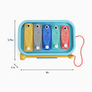 Colorful xylophone toy designed as fish, featuring five keys in bright colors, measuring 8x5.75x2.1 inches.