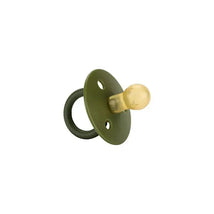 Camo and midnight natural rubber pacifier featuring a green shield and clear bulb, designed for infants.