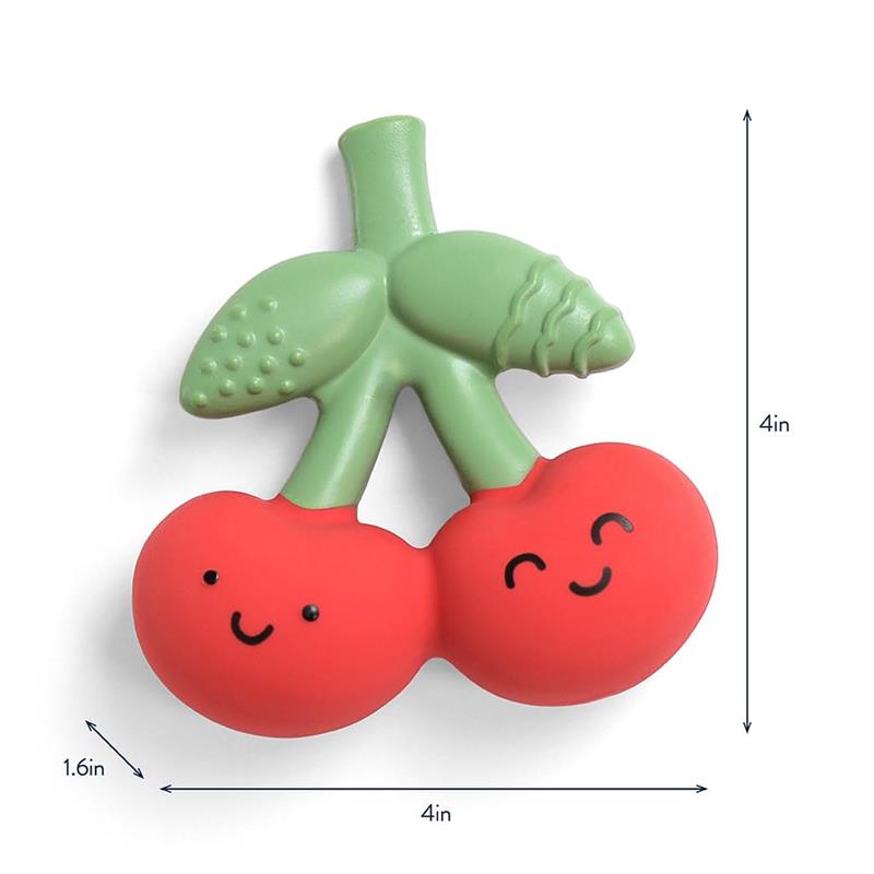Natural rubber teether shaped like cherries with smiling faces, measuring 4 inches wide and 1.6 inches tall.