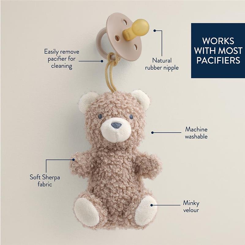 Pacifier and lovey bear set featuring a soft, machine-washable bear with a natural rubber pacifier.