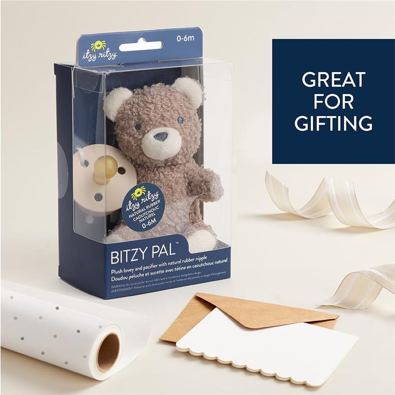 Pacifier and plush lovey set featuring a bear character, suitable for infants 0-6 months, packaged for gifting.