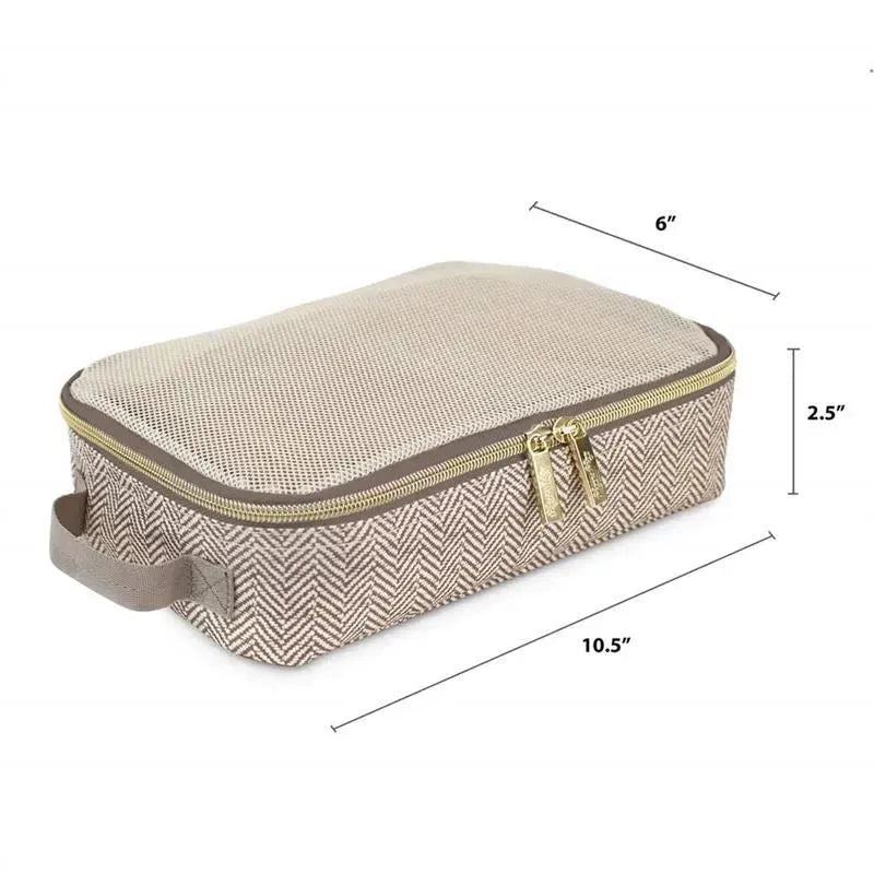 Taupe itzy Ritzy 3-pack packing cube, featuring a herringbone design, dimensions 10.5” x 6” x 2.5”, with a zipper closure.