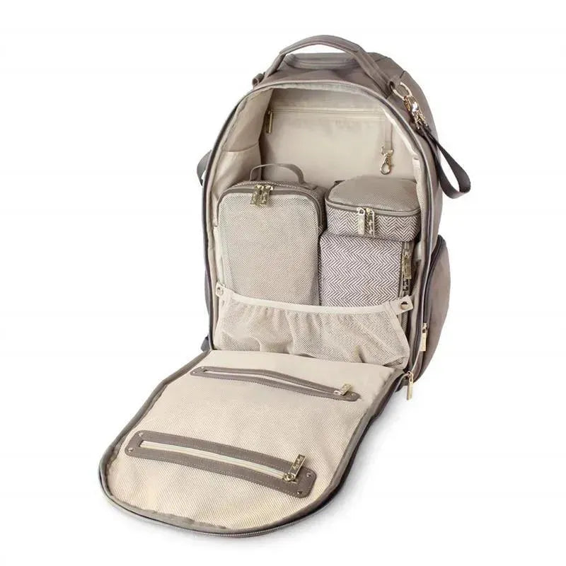 Taupe packing cubes neatly organized inside a spacious, zippered backpack, featuring multiple compartments and mesh pockets.