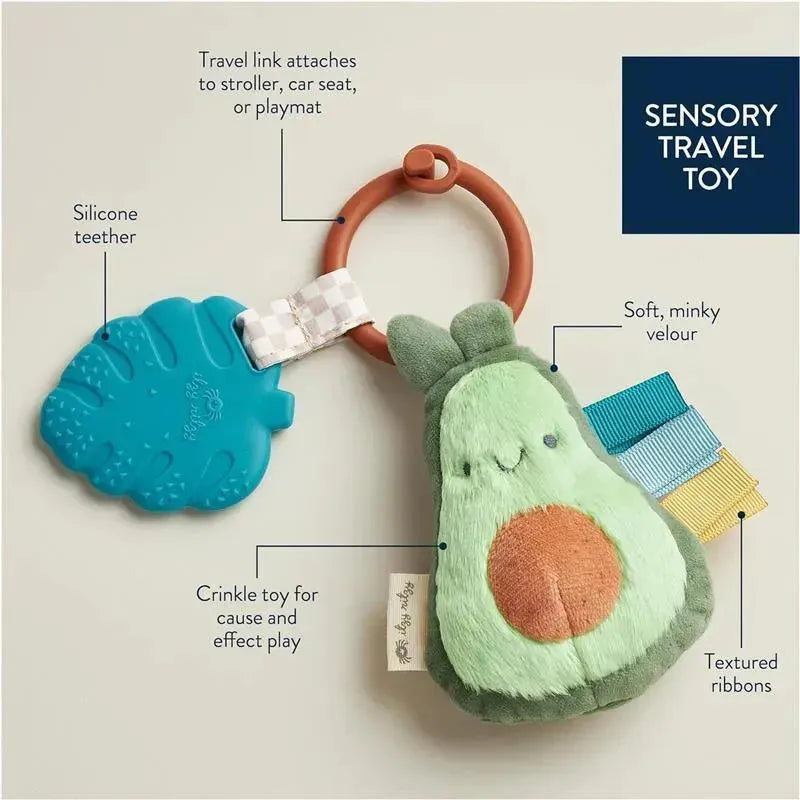 Plush avocado teether with a soft velour texture, silicone teether, travel link, and crinkle toy for sensory play.