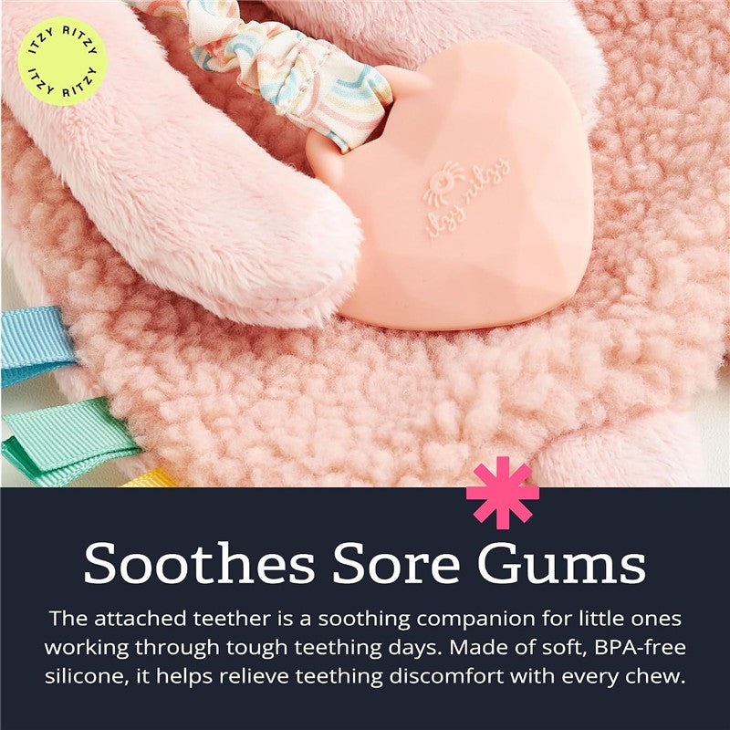 Pink bunny lovey with a heart-shaped silicone teether, ideal for soothing babies during teething discomfort.