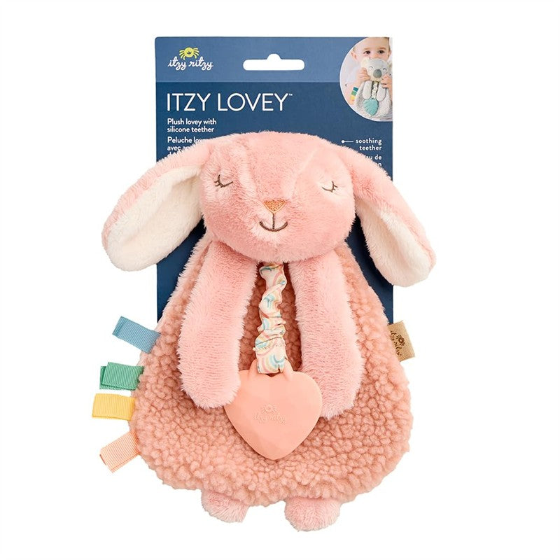 Itzy Ritzy Pink Bunny Lovey features soft fabric with a silicone teether attached, ideal for soothing babies.