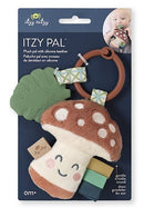 Plush Pal Silicone Teether from Itzy Ritzy, shaped like a mushroom, with a green silicone leaf, colorful tags, and a smiling face.