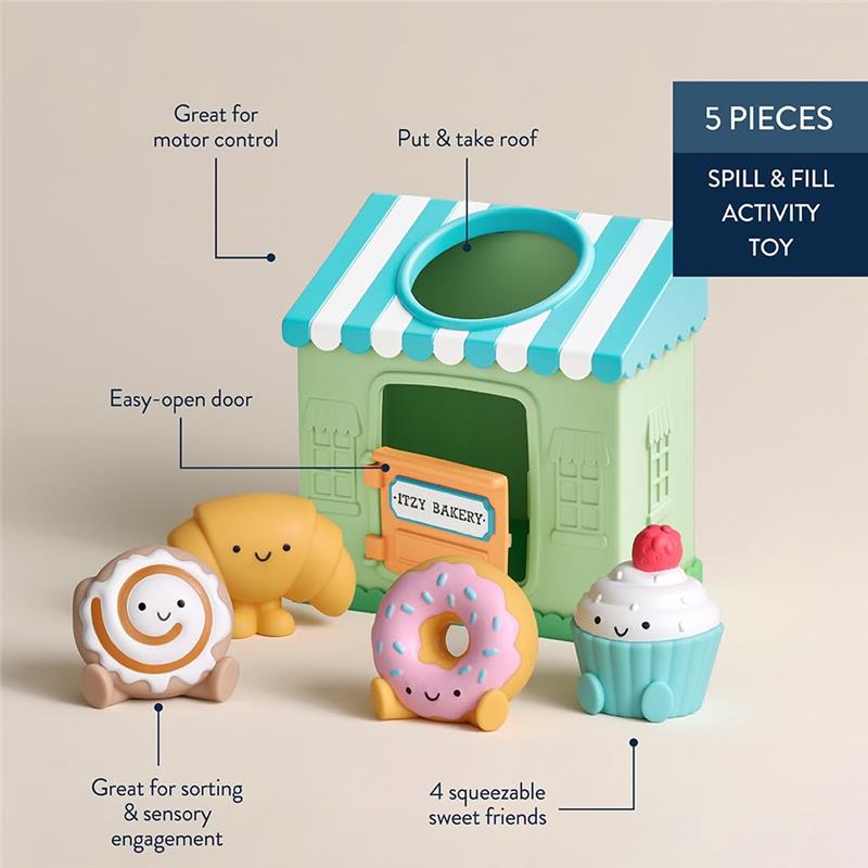Toy bakery with a green structure, removable roof, and four squishy food characters: croissant, donut, cupcake, and a swirl pastry.