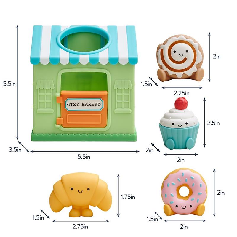 Put and Take Activity Toy Bakery featuring a green bakery shop and five colorful, soft food toys: cupcake, croissant, cinnamon roll, donut, and ice cream.