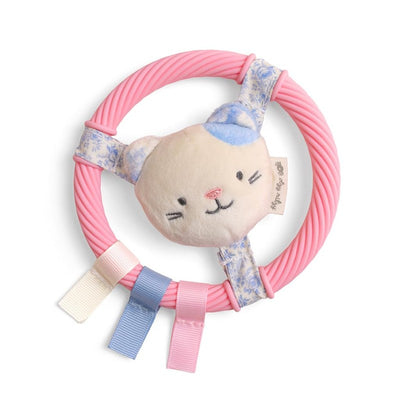 Teething ring featuring a plush kitty head, pink textured ring, and colorful fabric ribbons.