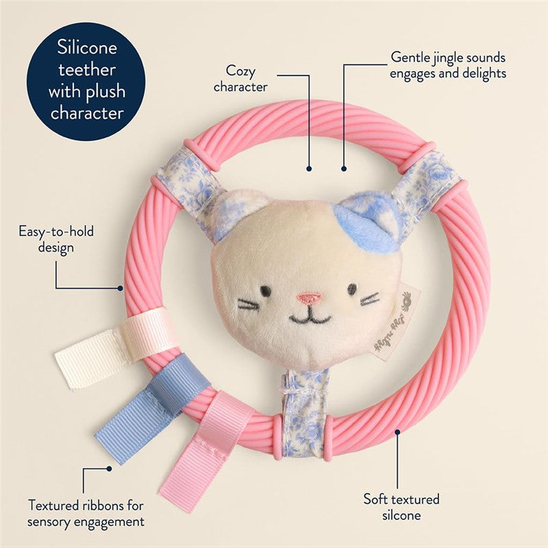 Silicone teething ring featuring a plush kitty character, textured ribbons, and easy-to-hold design for sensory engagement.