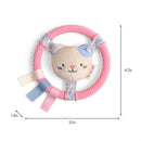 Teething ring with a pink rubber loop and a plush kitty head, featuring colorful fabric ribbons attached.