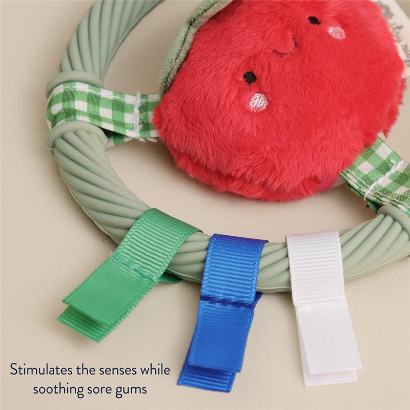Teething ring with a plush red tomato, featuring a green ring and sensory ribbons in blue, green, and white.
