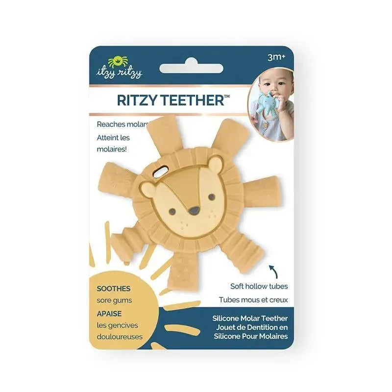Ritzy Teether™ Baby Molar Teether in lion shape, made of soft silicone for soothing sore gums, packaged for ages 3 months and up.