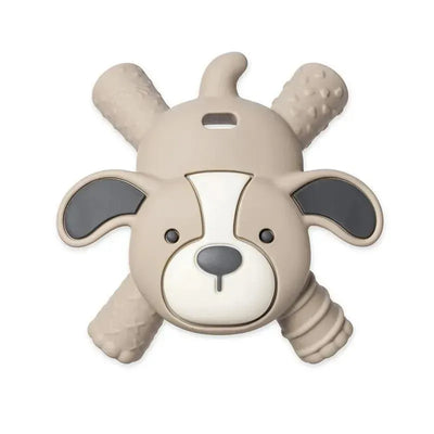 Puppy-shaped silicone teether with textured arms, designed for soothing baby molars.