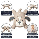 Puppy-shaped silicone teether designed for babies, featuring textured, flexible tubes for soothing gums.