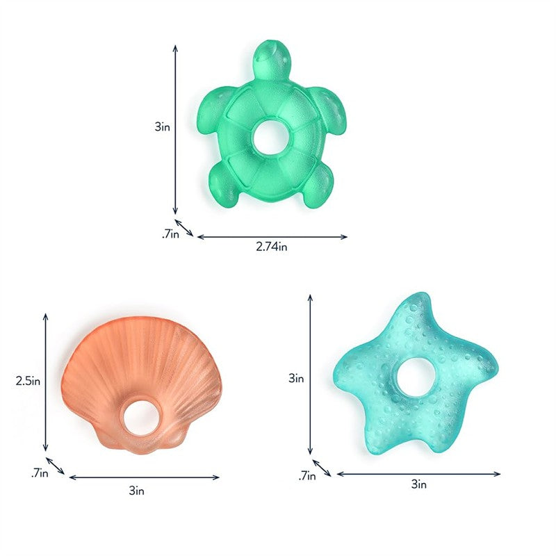 Three sea-themed cooling teethers: a turtle, a shell, and a starfish, each with unique textures and colors.