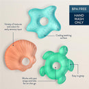 Three colorful cooling teethers in starfish, shell, and turtle shapes, designed for sensory input and easy handling. BPA free.