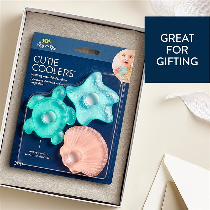 Itzy Ritzy Seaside Cooling Teethers 3 pack featuring a turtle, starfish, and shell design for soothing comfort.