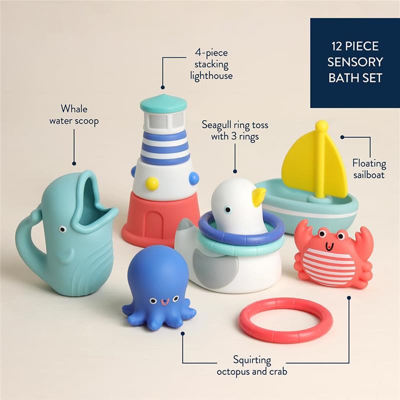 12-piece sensory bath set featuring a whale water scoop, stacking lighthouse, seagull ring toss, sailboat, squirt octopus, and crab.
