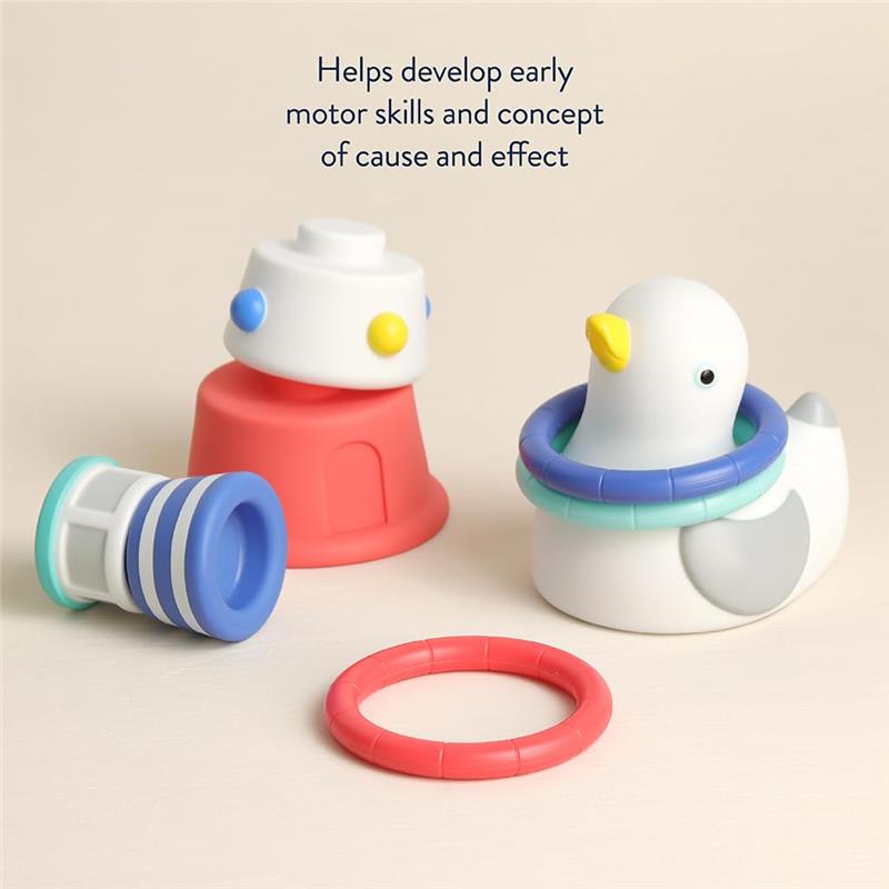 Nautical-themed Itzy Ritzy Seaside Splash Gift Set, featuring a stacking toy, a ring, and a rubber duck, promoting motor skill development.
