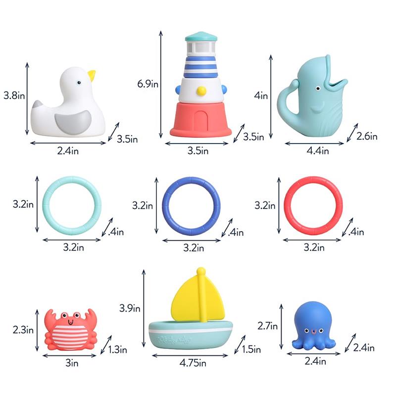 Nautical-themed Itzy Ritzy Seaside Splash Gift Set featuring a duck, lighthouse, whale watering can, and various bath toys.