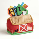 Fabric barn toy with colorful sensory scarves featuring numbers and farm animals, designed for tactile play and learning.