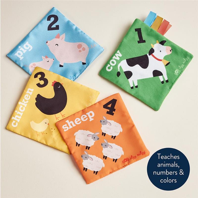 Sensory scarves featuring colorful farm animals: pig, cow, chicken, and sheep, designed to teach numbers and colors.