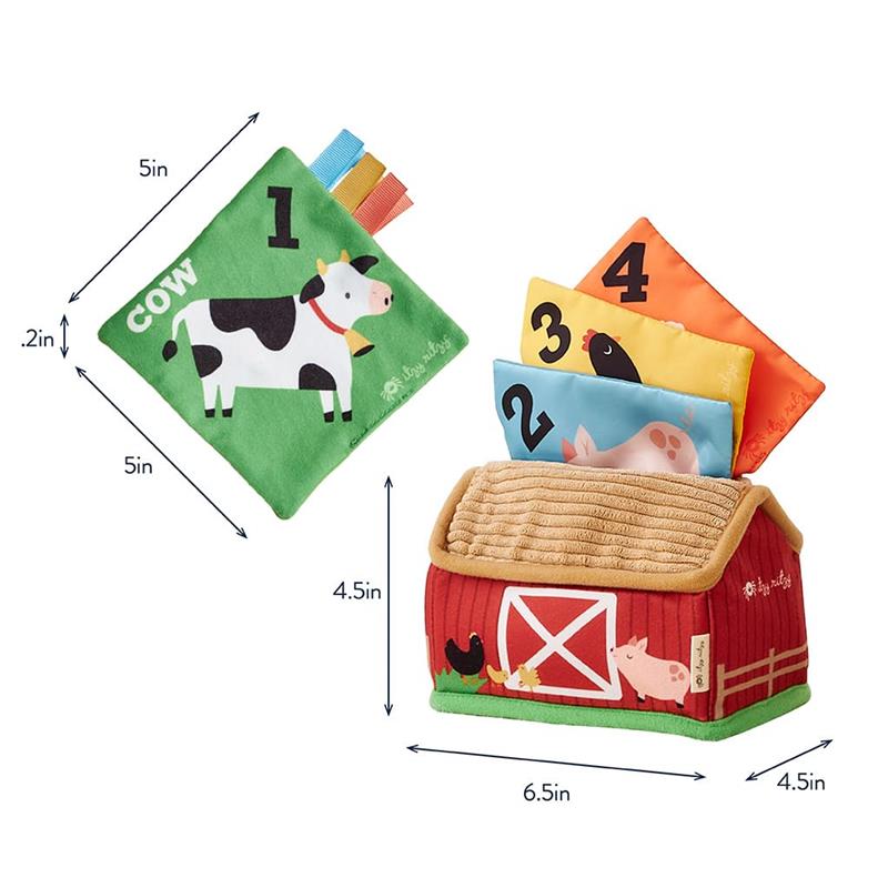 Sensory scarves set featuring a plush barn and colorful farm animal cards, designed for tactile exploration and learning.