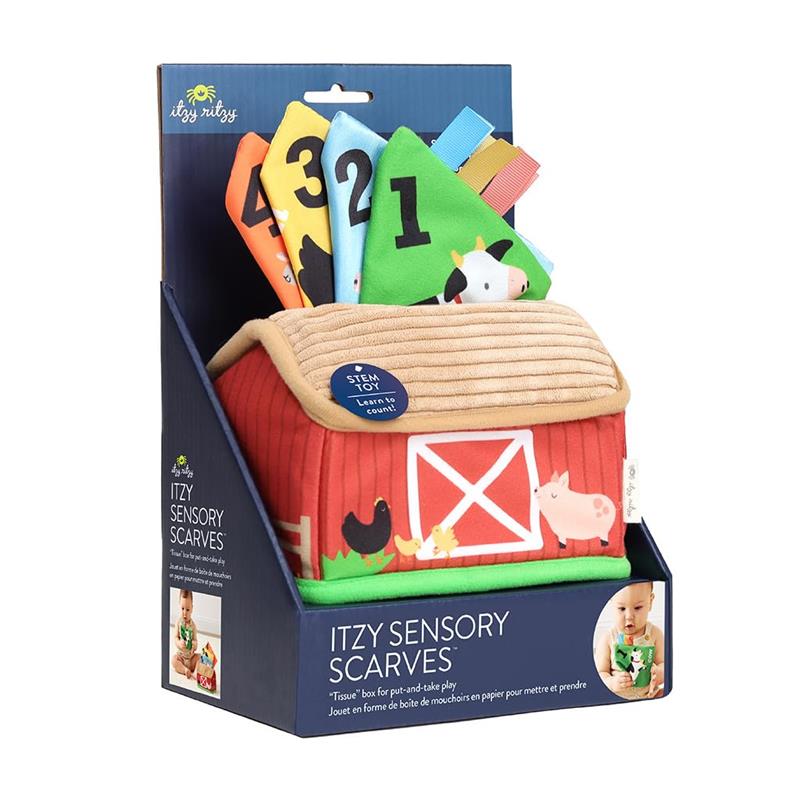 Itzy Ritzy Sensory Scarves set featuring a colorful barn design, with numbered scarves for sensory play and counting.