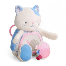 Kinsley the Kitty sensory tummy time mirror features a soft plush design with a reflective center and colorful taggies.