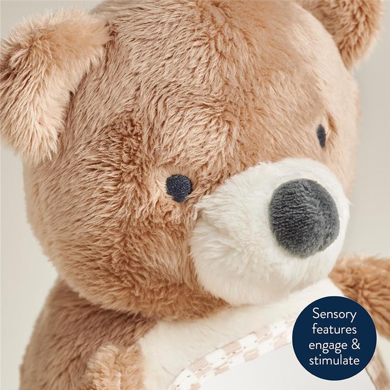 Brown bear-shaped sensory tummy time toy mirror, featuring soft fur and a mirror for engaging and stimulating infants.