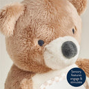 Brown bear-shaped sensory tummy time toy mirror, featuring soft fur and a mirror for engaging and stimulating infants.