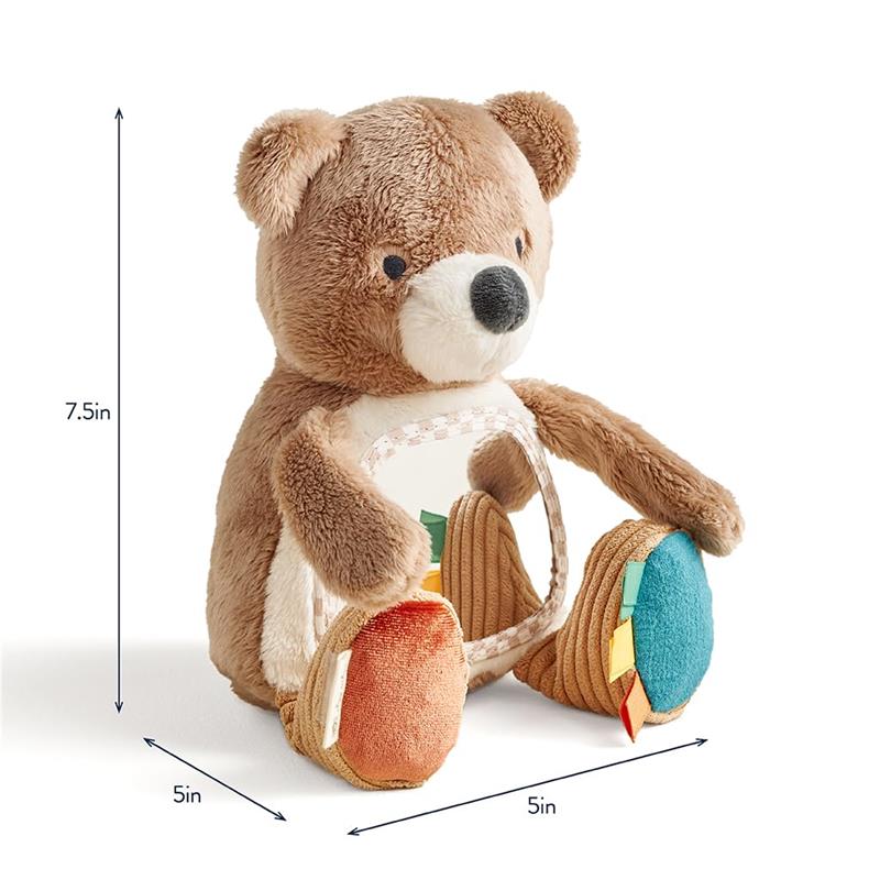 Sensory tummy time toy mirror shaped like a bear with soft fabric, a central mirror, and colorful tag details.