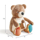 Sensory tummy time toy mirror shaped like a bear with soft fabric, a central mirror, and colorful tag details.