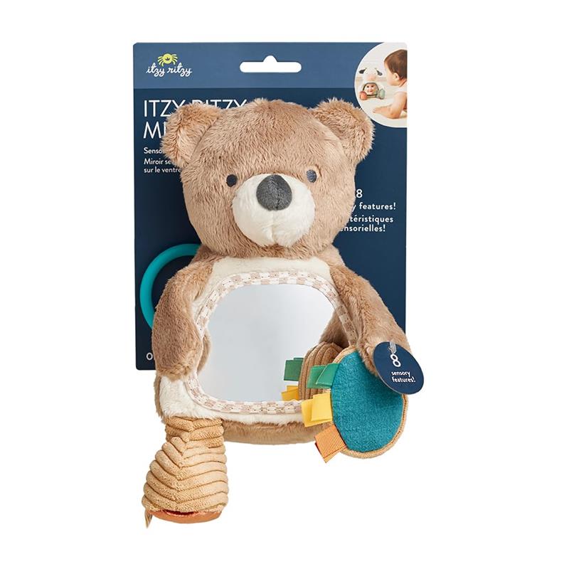 Sensory tummy time toy mirror shaped like a bear, featuring a reflective surface and colorful sensory tags.