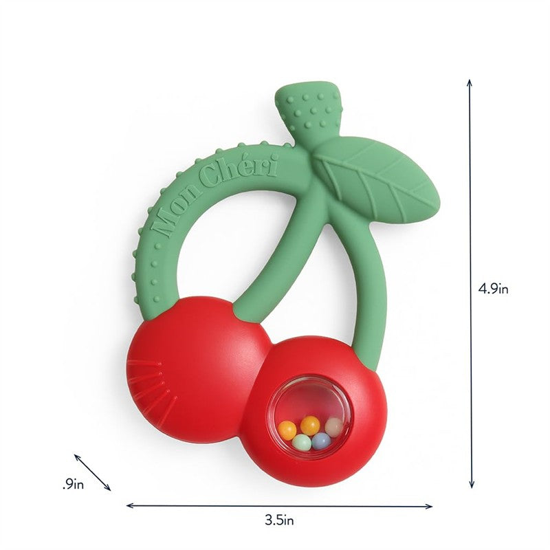 Silicone teether shaped like cherries with a green stem and a rattle feature in one cherry, measuring 4.9x3.5 inches.