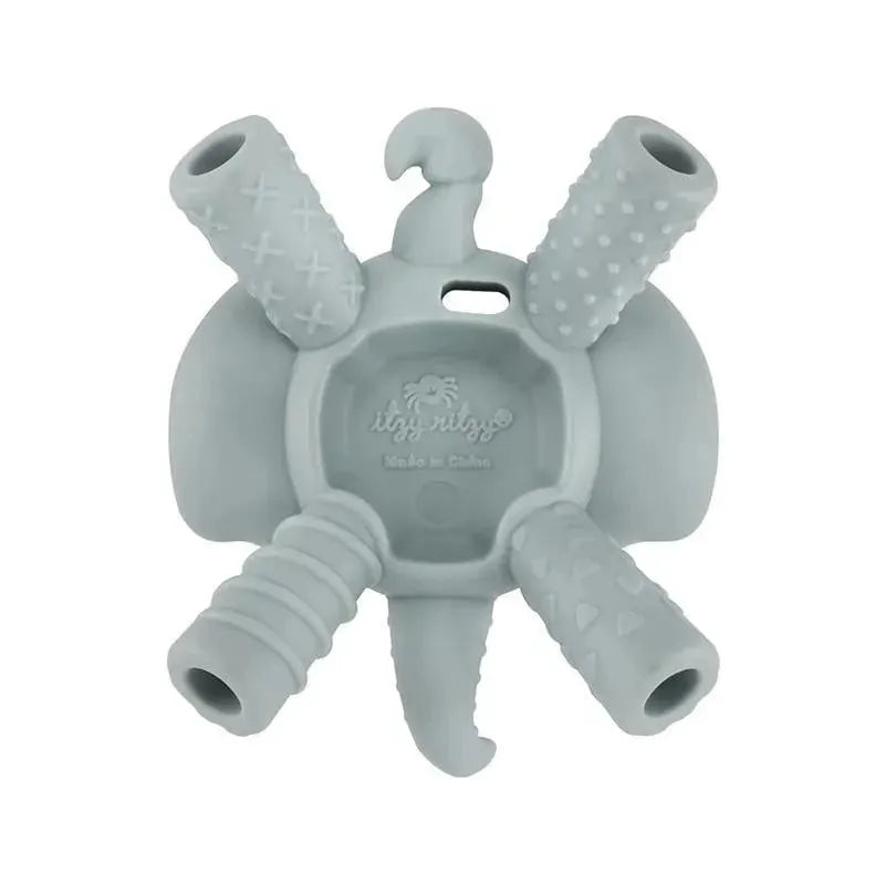 Silicone elephant-shaped teether with multiple textured grips for teething relief by Itzy Ritzy.