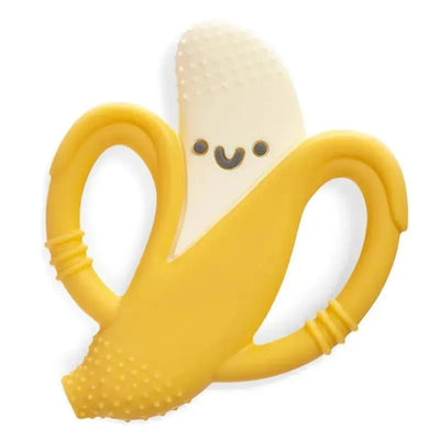 Silicone banana-shaped teether with easy-grab handles, featuring a smiling face and textured surfaces for infants.