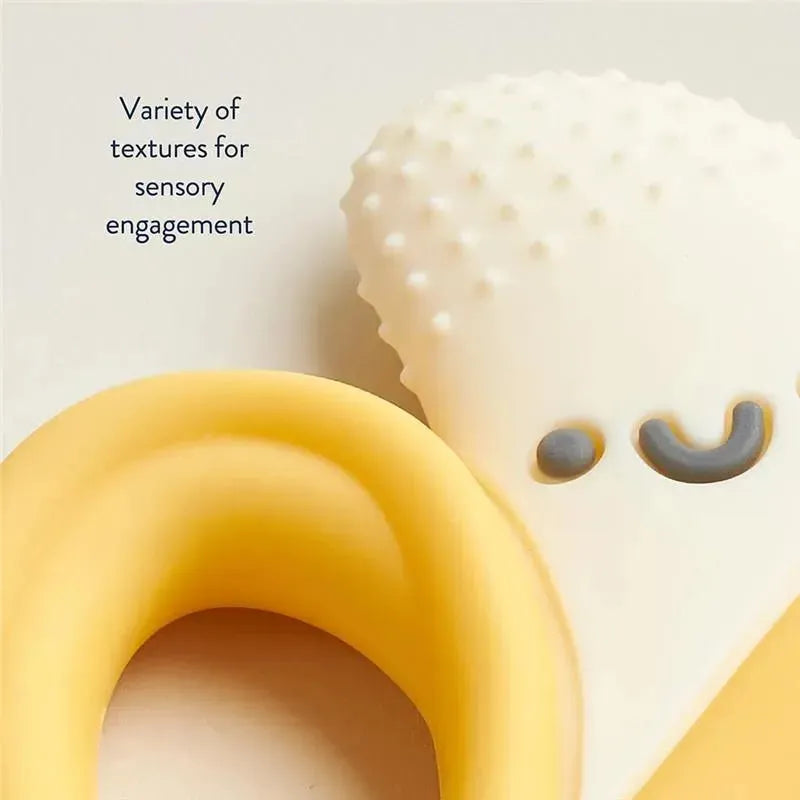 Silicone teether shaped like a banana with easy-grab handles and textured surfaces for sensory engagement.