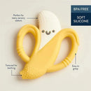Silicone teether shaped like a banana with easy-grab handles, textured for teething, and BPA free.