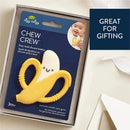 Silicone teether shaped like a banana with easy-grab handles, designed to soothe sore gums for infants aged 3 months and up.