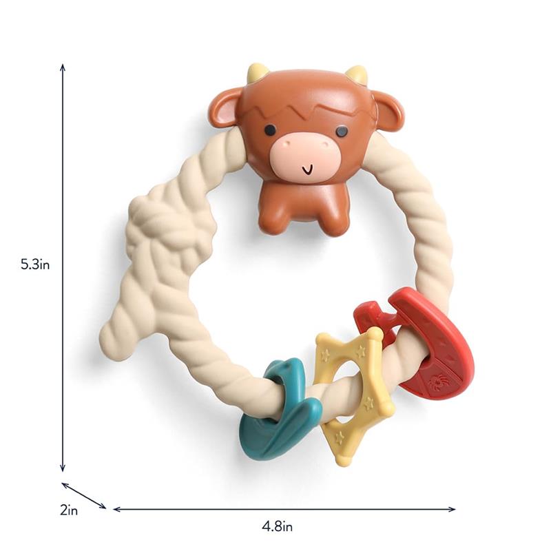 Silicone teether with rattle featuring a brown highland cow head and colorful, textured rings.