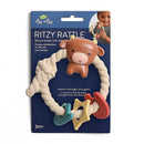 Silicone teether with rattle featuring a Highland cow design, textured ring, and colorful handle clips suitable for babies 3 months and older.