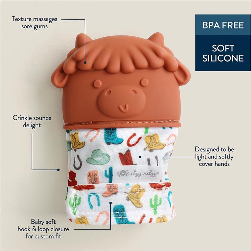Silicone teething mitten designed for babies featuring a cow head, crinkle sounds, soft fabric, and hook & loop closure. BPA free.