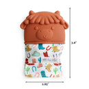 Silicone teething mitten featuring a cow design, measuring 3.8 inches in height and 2.85 inches in width, covered with colorful western-themed prints.