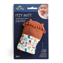 Silicone teething mitten in cow design with colorful patterns; intended for infants 3 months and older.